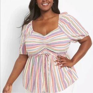 Lane Bryant Rainbow Striped Babydoll Top Ruched Detail Short Sleeves Sz 22 Plus